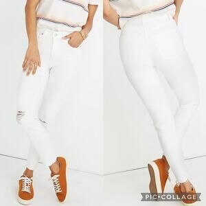 Madewell 9" Mid-Rise Skinny Crop Jeans In Pure White: Knee-Rip Edition Size 27